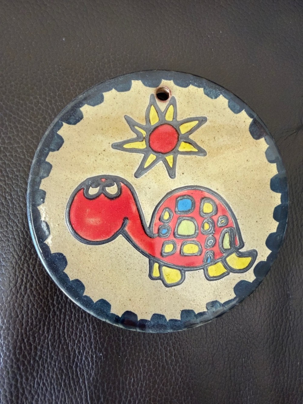 Handpainted Red Turtle Ceramic & Cork Backed Coaster or Wall Art From Portugal
